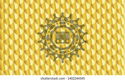 three folders icon inside golden badge or emblem. Scales pattern. Vector Illustration. Detailed.
