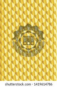 three folders icon inside golden emblem. Scales pattern. Vector Illustration. Detailed.