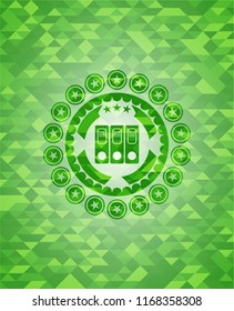 three folders icon inside green emblem with triangle mosaic background