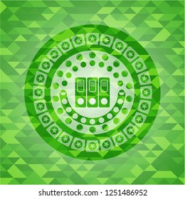 three folders icon inside green emblem with triangle mosaic background