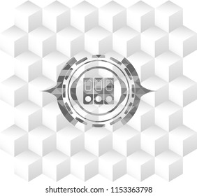 three folders icon inside grey icon or emblem with geometric cube white background