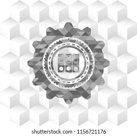 three folders icon inside grey badge with geometric cube white background