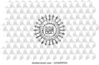 three folders icon inside grey icon or emblem with geometric cube white background