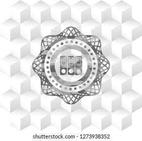 three folders icon inside grey emblem. Vintage with geometric cube white background