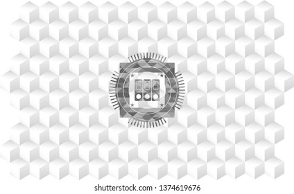 three folders icon inside grey icon or emblem with geometric cube white background