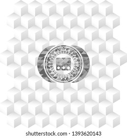 three folders icon inside grey badge with geometric cube white background