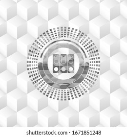 three folders icon inside grey icon or emblem with geometric cube white background