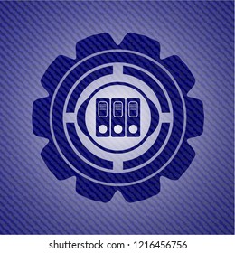 three folders icon inside jean or denim emblem or badge background