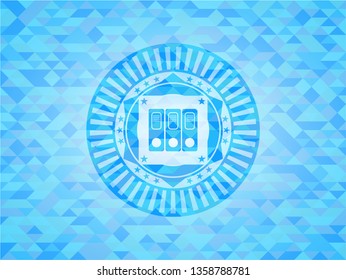 three folders icon inside light blue emblem with triangle mosaic background