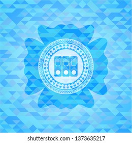 three folders icon inside light blue emblem with mosaic background