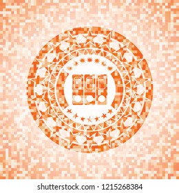 three folders icon inside orange tile background illustration. Square geometric mosaic seamless pattern with emblem inside.