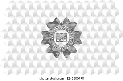 three folders icon inside realistic grey emblem with geometric cube white background