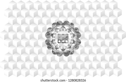 three folders icon inside realistic grey emblem with geometric cube white background
