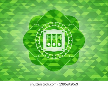 three folders icon inside realistic green mosaic emblem