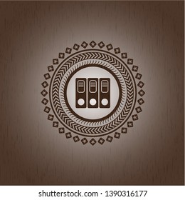 three folders icon inside realistic wood emblem