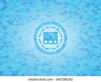 three folders icon inside realistic sky blue emblem. Mosaic background