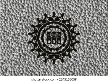 icono de tres carpetas dentro de un emblema oscuro realista con fondo de burbujas grises. Ilustración vectorial. Detallado. 