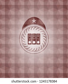 three folders icon inside red geometric pattern emblem. Seamless.