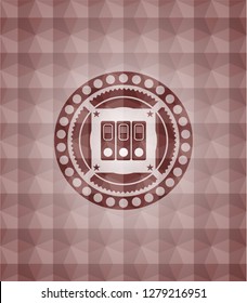 three folders icon inside red emblem with geometric pattern background. Seamless.