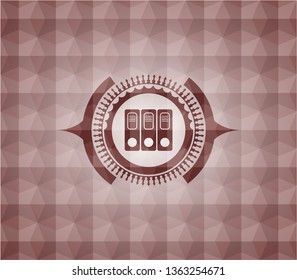 three folders icon inside red seamless emblem or badge with geometric pattern background.