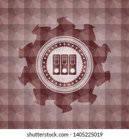 three folders icon inside red seamless emblem or badge with abstract geometric pattern background.