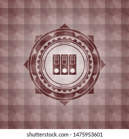 three folders icon inside red seamless emblem or badge with geometric pattern background.