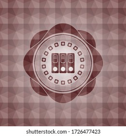 three folders icon inside red emblem with geometric pattern. Seamless. 