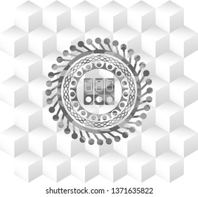 three folders icon inside retro style grey emblem with geometric cube white background
