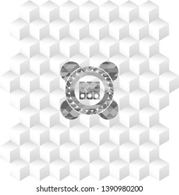 three folders icon inside retro style grey emblem with geometric cube white background