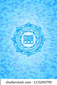 three folders icon inside sky blue emblem with mosaic ecological style background