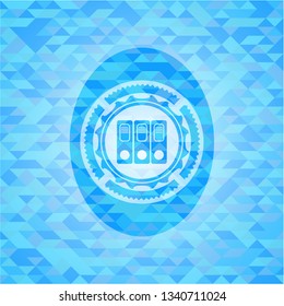 three folders icon inside sky blue emblem with triangle mosaic background
