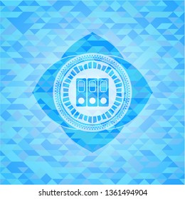 three folders icon inside sky blue mosaic emblem