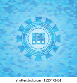 three folders icon inside sky blue emblem with triangle mosaic background