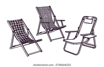Três cadeiras de praia dobráveis com braços e ilustração de assentos de malha