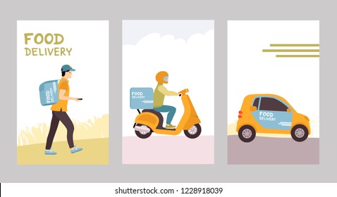Three food delivery posters: delivery by pedestrian courier, by scooter and by car. vector illustrations isolated in flat style 