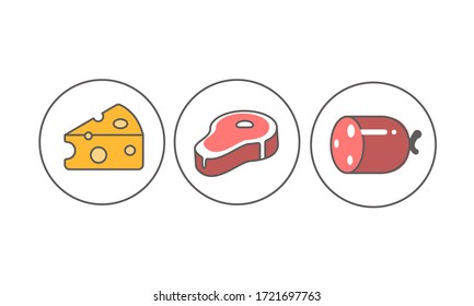 tres juegos de iconos de comida. carnes, carnes, comida. diseño plano