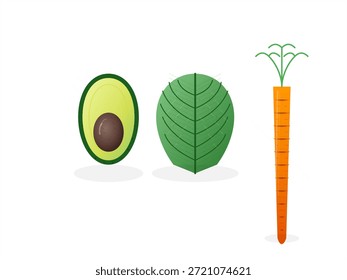 Tres alimentos se muestran sobre un fondo blanco. Un aguacate se abre en rodajas, revelando su hoyo. Se coloca una hoja verde al lado del aguacate. Una zanahoria se encuentra al lado de ambos artículos.