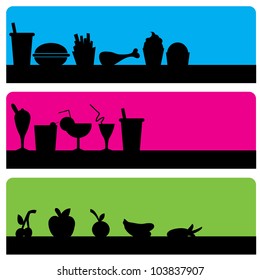 three food silhouettes background of fast food, glasses and fruits