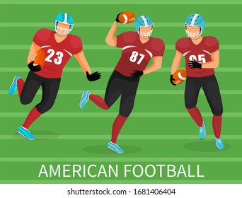 Tres futbolistas jugando en el fútbol americano. Formación o competencia de equipo. Gente en uniforme y casco en el estadio. Imagen con captura con nombre del juego. Ilustración vectorial del patio de recreo