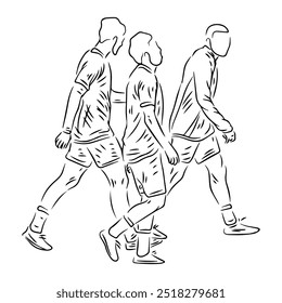 three footballers walking together line art illustration