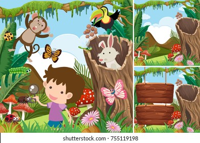 Three forest scenes with boy and animals illustration