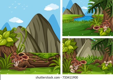 Three forest scenes with trees and mushrooms illustration