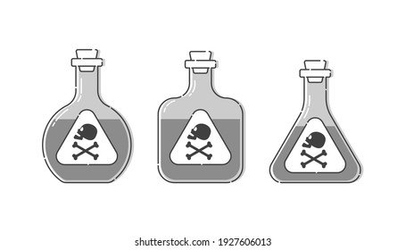 Three form bottle poison with skull in profile for concept design. Dangerous container. Potion beverage medical concept. Chemistry addiction icon. Danger symbol. Isolated flat illustration. Vector.
