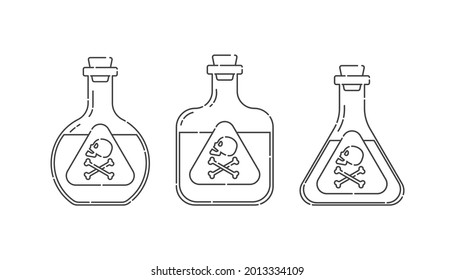 Three form bottle poison with skull in profile for concept design. Dangerous container. Potion beverage medical concept. Chemistry addiction icon. Danger symbol. Isolated flat illustration. Vector.
