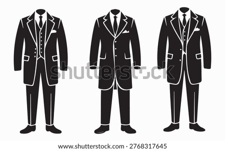 Three formal business suits displayed as elegant black icons illustrate professional menswear options for high end corporate and wedding attire occasions.
