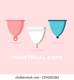Three forms and colors Menstrual cup - eco friendly, woman hygiene products. Vector flat design illustration. Period, menstruation.