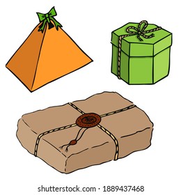 Three forms of a holiday gift. Shaped orange pyramid, polygonal green tied with a rope. And craft packaging for parcels. Hand drawn colored isolated objects.