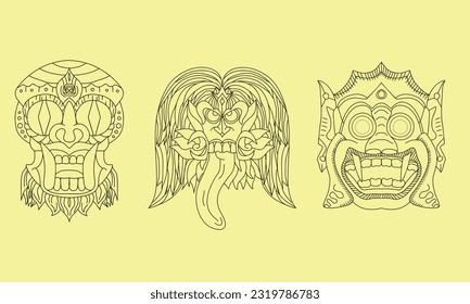 three forms of traditional Indonesian masks depicting evil spirits