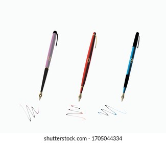 Three fountain pen in pink, blue and green body colour and golden trim colour with drawing line on paper