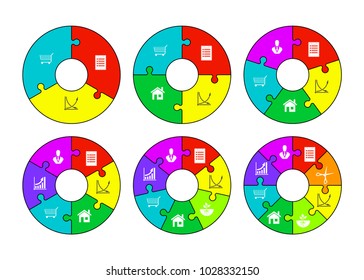 Three, Four, Five, Six, Seven, Eight piece puzzle business presentation. Circle infograph. Three, Four, Five, Six, Seven, Eight step puzzle process diagram. section compare service banner. infographic